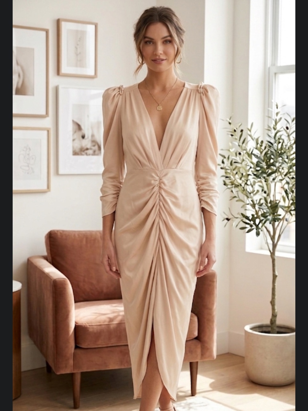 MABLE Champagne Cream Satin Ruched V-Neck Long Sleeve Dress ~ small